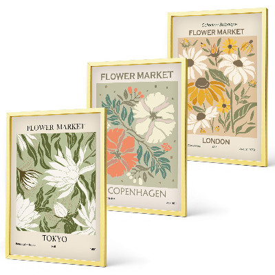 Three-piece wall art piece Floral motifs from cities around the world