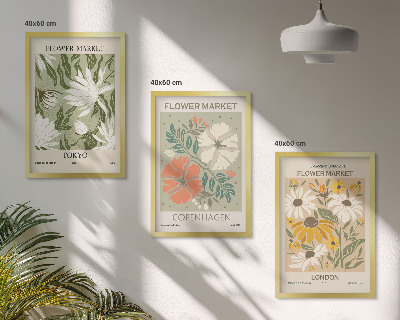 Three-piece wall art piece Floral motifs from cities around the world