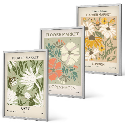 Three-piece wall art piece Floral motifs from cities around the world