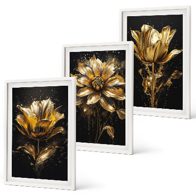 Set of 3 framed wall art pieces Yellow flowers on a dark background
