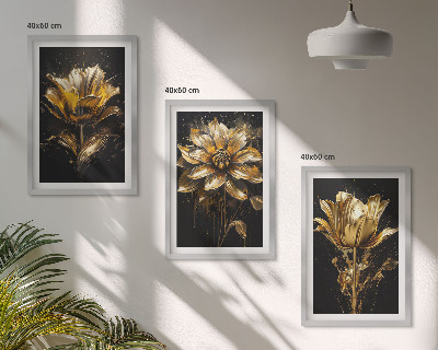 Set of 3 framed wall art pieces Yellow flowers on a dark background