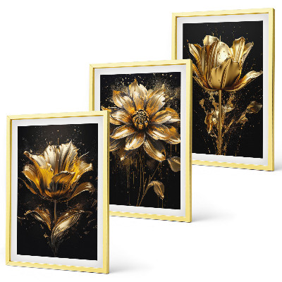 Set of 3 framed wall art pieces Yellow flowers on a dark background