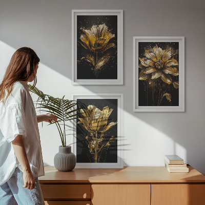 Set of 3 framed wall art pieces Yellow flowers on a dark background