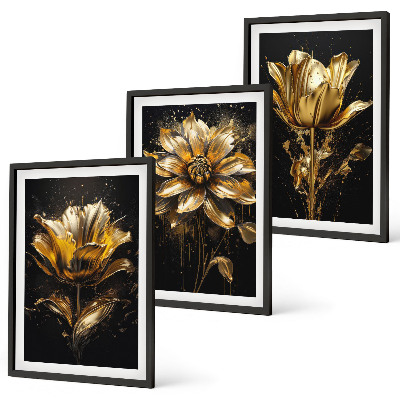 Set of 3 framed wall art pieces Yellow flowers on a dark background