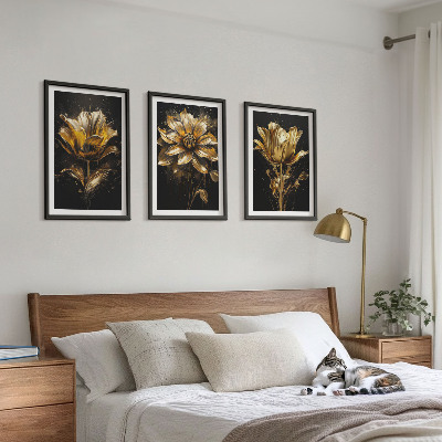 Set of 3 framed wall art pieces Yellow flowers on a dark background