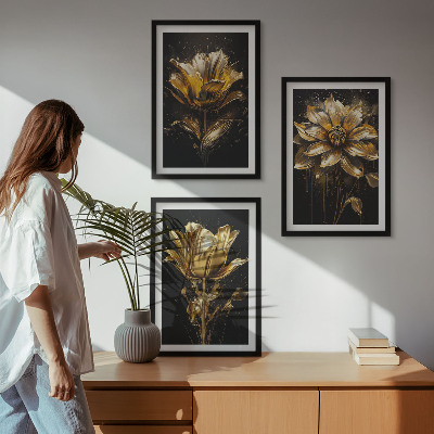 Set of 3 framed wall art pieces Yellow flowers on a dark background