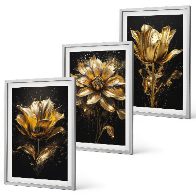 Set of 3 framed wall art pieces Yellow flowers on a dark background