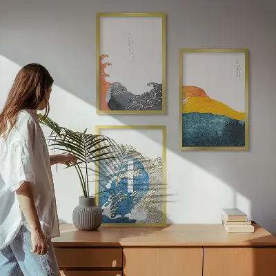 Wall art set with Japanese wave graphic design