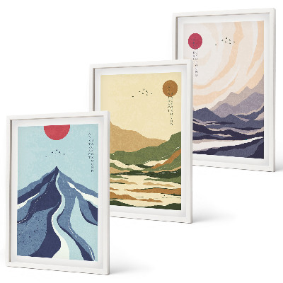 Set of 3 framed wall art pieces Pastel mountains japandi style