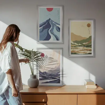 Set of 3 framed wall art pieces pastel mountains in japandi style