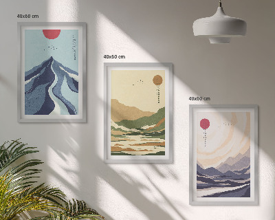Set of 3 framed wall art pieces Pastel mountains japandi style