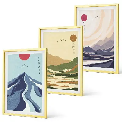 Set of 3 framed wall art pieces pastel mountains in japandi style