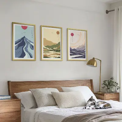 Set of 3 framed wall art pieces pastel mountains in japandi style