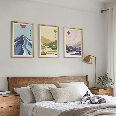 Set of 3 framed wall art pieces Pastel mountains japandi style