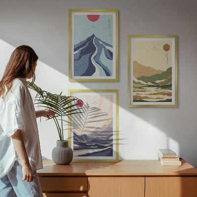 Set of 3 framed wall art pieces Pastel mountains japandi style