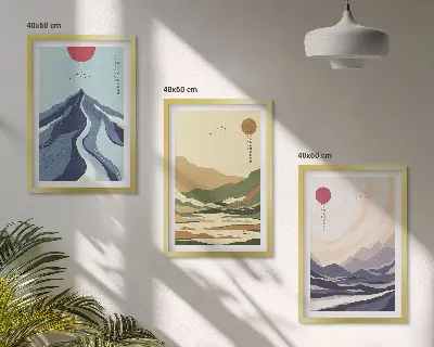 Set of 3 framed wall art pieces pastel mountains in japandi style
