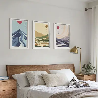 Set of 3 framed wall art pieces pastel mountains in japandi style
