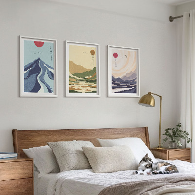 Set of 3 framed wall art pieces Pastel mountains japandi style