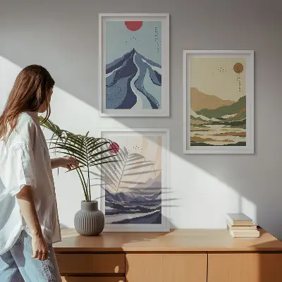 Set of 3 framed wall art pieces pastel mountains in japandi style