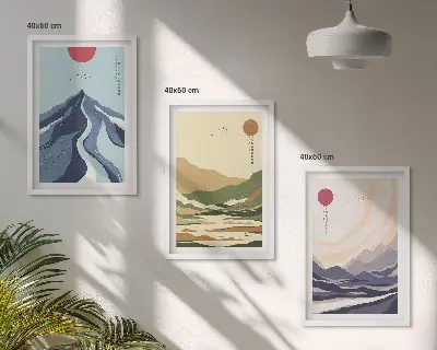 Set of 3 framed wall art pieces pastel mountains in japandi style