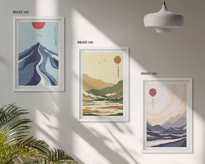Set of 3 framed wall art pieces Pastel mountains japandi style
