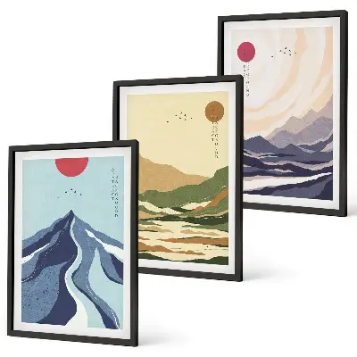 Set of 3 framed wall art pieces pastel mountains in japandi style