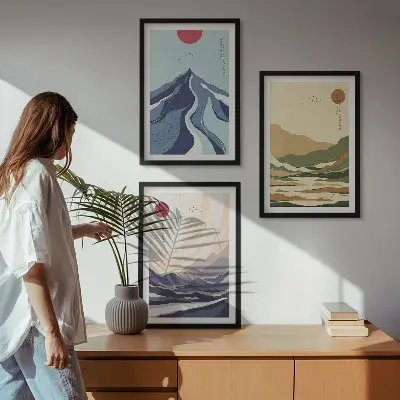 Set of 3 framed wall art pieces pastel mountains in japandi style