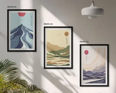 Set of 3 framed wall art pieces pastel mountains in japandi style