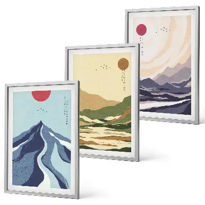 Set of 3 framed wall art pieces pastel mountains in japandi style