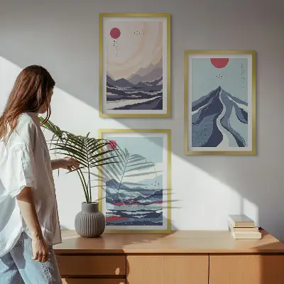 Abstract Japanese Mountains wall art three-piece set