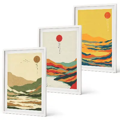 Set of 3 framed wall art pieces with colorful Japandi river mountain patterns