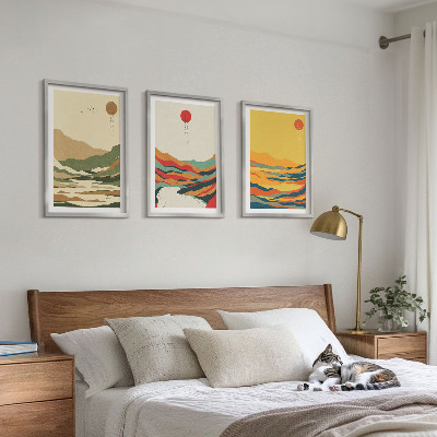 Set of 3 framed wall art pieces Colorful patterns of Japandi river mountains
