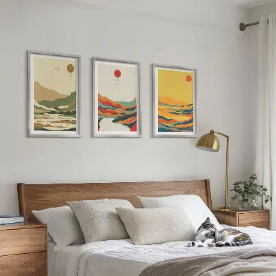 Set of 3 framed wall art pieces with colorful Japandi river mountain patterns