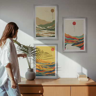 Set of 3 framed wall art pieces Colorful patterns of Japandi river mountains