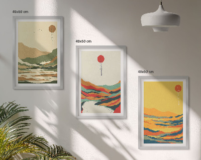 Set of 3 framed wall art pieces Colorful patterns of Japandi river mountains