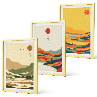 Set of 3 framed wall art pieces Colorful patterns of Japandi river mountains
