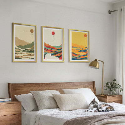 Set of 3 framed wall art pieces Colorful patterns of Japandi river mountains