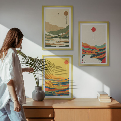 Set of 3 framed wall art pieces Colorful patterns of Japandi river mountains