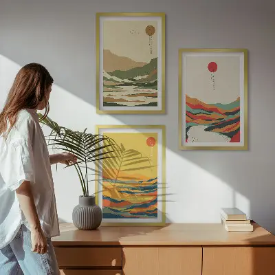Set of 3 framed wall art pieces with colorful Japandi river mountain patterns