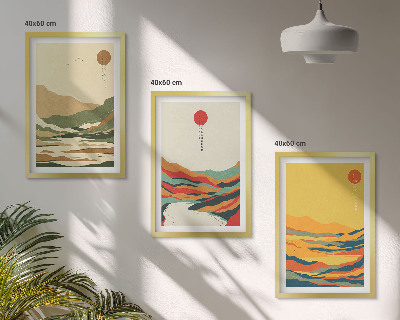 Set of 3 framed wall art pieces Colorful patterns of Japandi river mountains