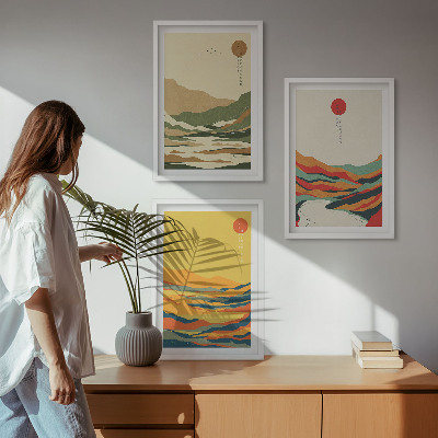 Set of 3 framed wall art pieces Colorful patterns of Japandi river mountains