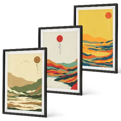 Set of 3 framed wall art pieces with colorful Japandi river mountain patterns