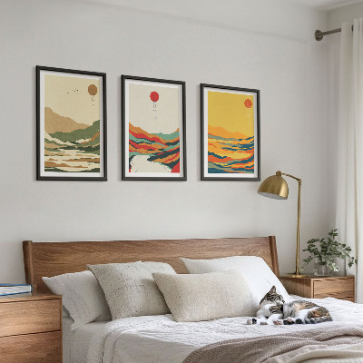 Set of 3 framed wall art pieces Colorful patterns of Japandi river mountains