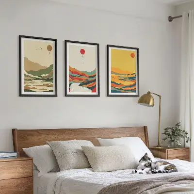 Set of 3 framed wall art pieces with colorful Japandi river mountain patterns
