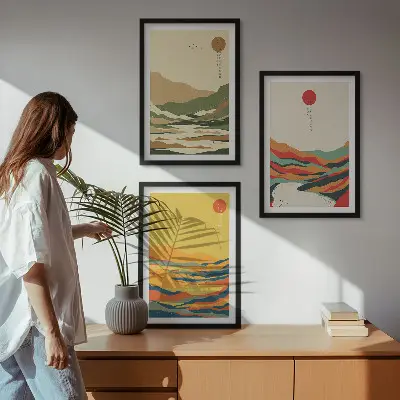 Set of 3 framed wall art pieces with colorful Japandi river mountain patterns