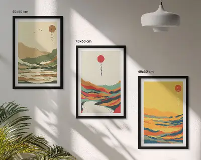 Set of 3 framed wall art pieces with colorful Japandi river mountain patterns