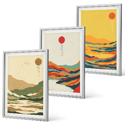 Set of 3 framed wall art pieces Colorful patterns of Japandi river mountains