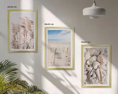 Three-piece wall art set beach shells and sea grass design