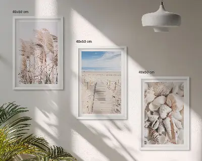 Three-piece wall art set beach shells and sea grass design