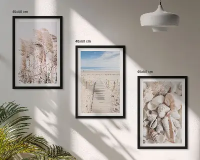 Three-piece wall art set beach shells and sea grass design